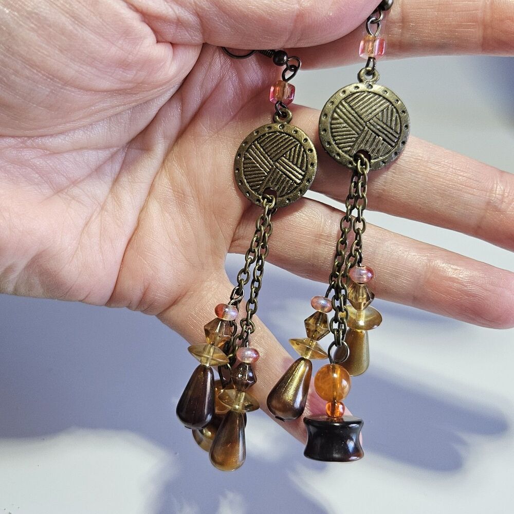Gold Tone Brown Long Dangling Beaded Earrings